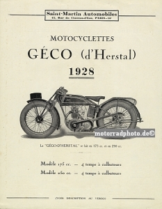 Geco Herstal Motorrad Prospektblatt  2 Seiten 1928 gec-p28