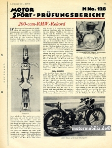 RMW Motorrad Prüfungsbericht  Typ 200ccm  1932  rmw-tb32